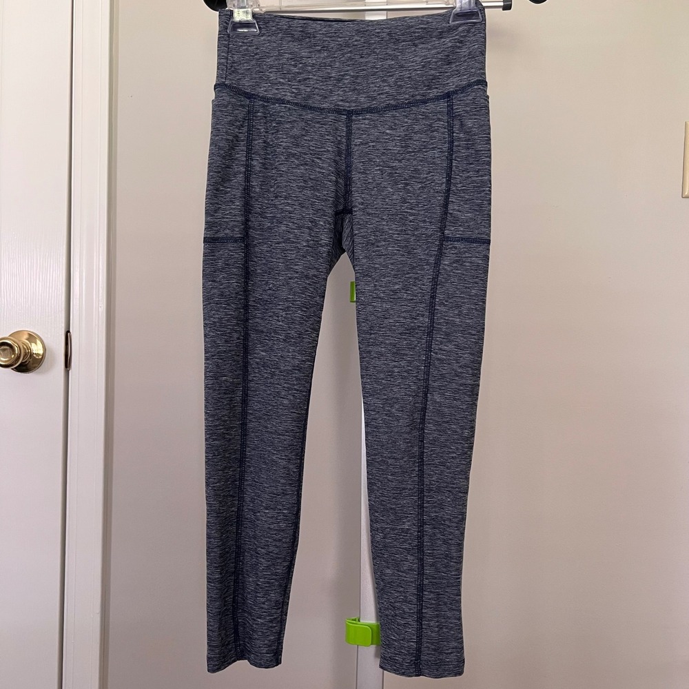 New Balance Womens Space Dye Heathered Crop Leggings Blue StitchPockets EUC